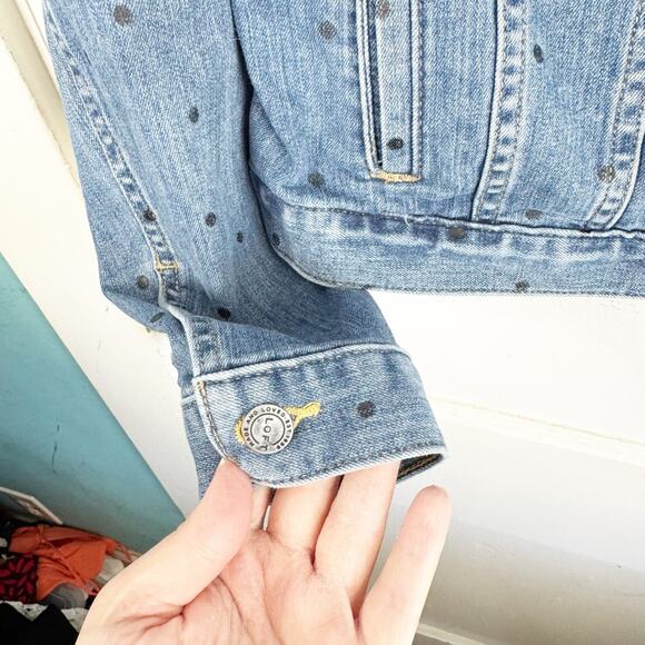 LOFT Collared Long Sleeve Polka Dot Denim Jacket Stretch Size Large L Preppy - Picture 7 of 12